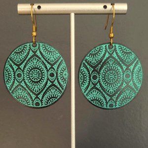Green and black metal disk earrings